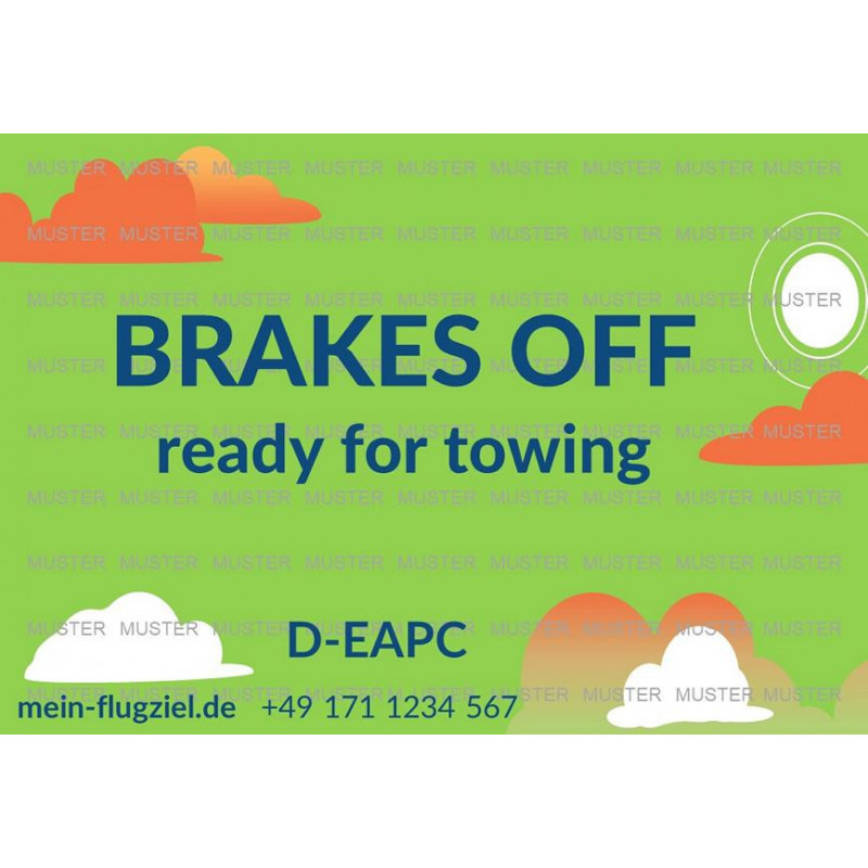 Brakes-OFF Warnschild grün mit Kennzeichen und Telefonnummer Brakes-OFF Warnschild grün mit Kennzeichen und Telefonnummer